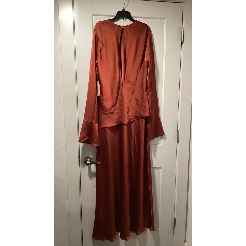 Few Moda Satin Open Back‎ Peplum Maxi Dress Burnt Orange Long Bell Sleeve Formal